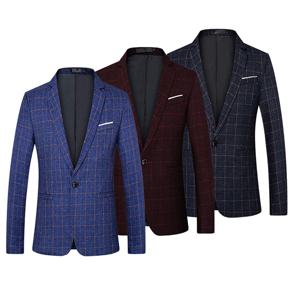 YFFUSHI Mens Slim Fit Sport Coat Casual Plaid Solid Color Center Vent Wine Red