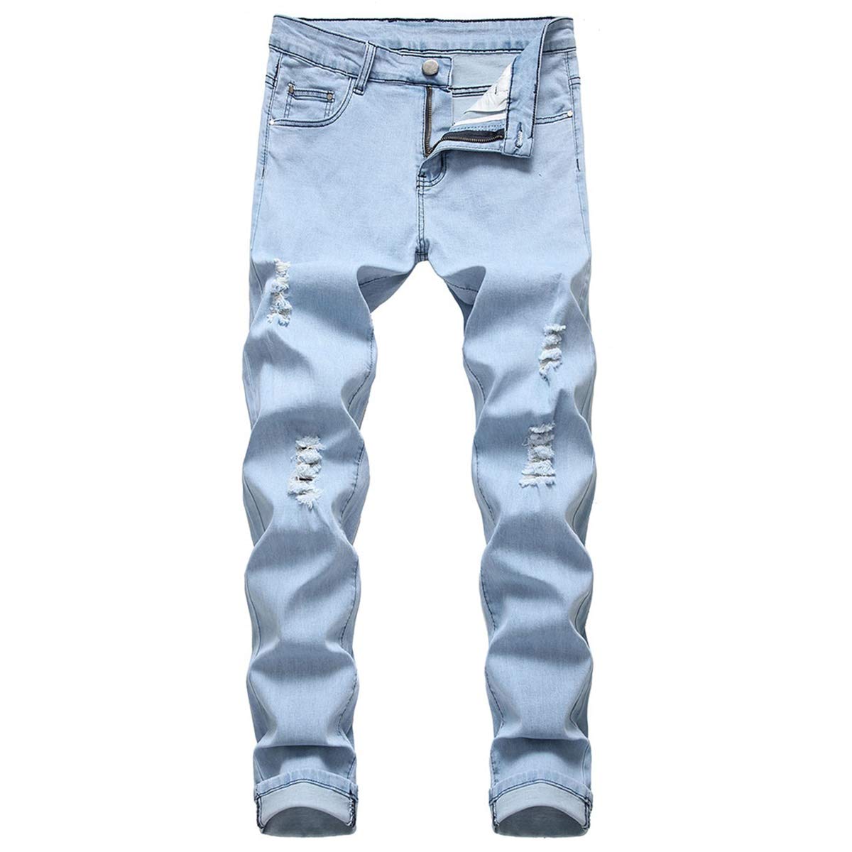 YFFUSHI Mens Ripped Distressed Stretch Jeans Pants Skinny Slim Fit Straight Leg Fashion Pants Blue 3