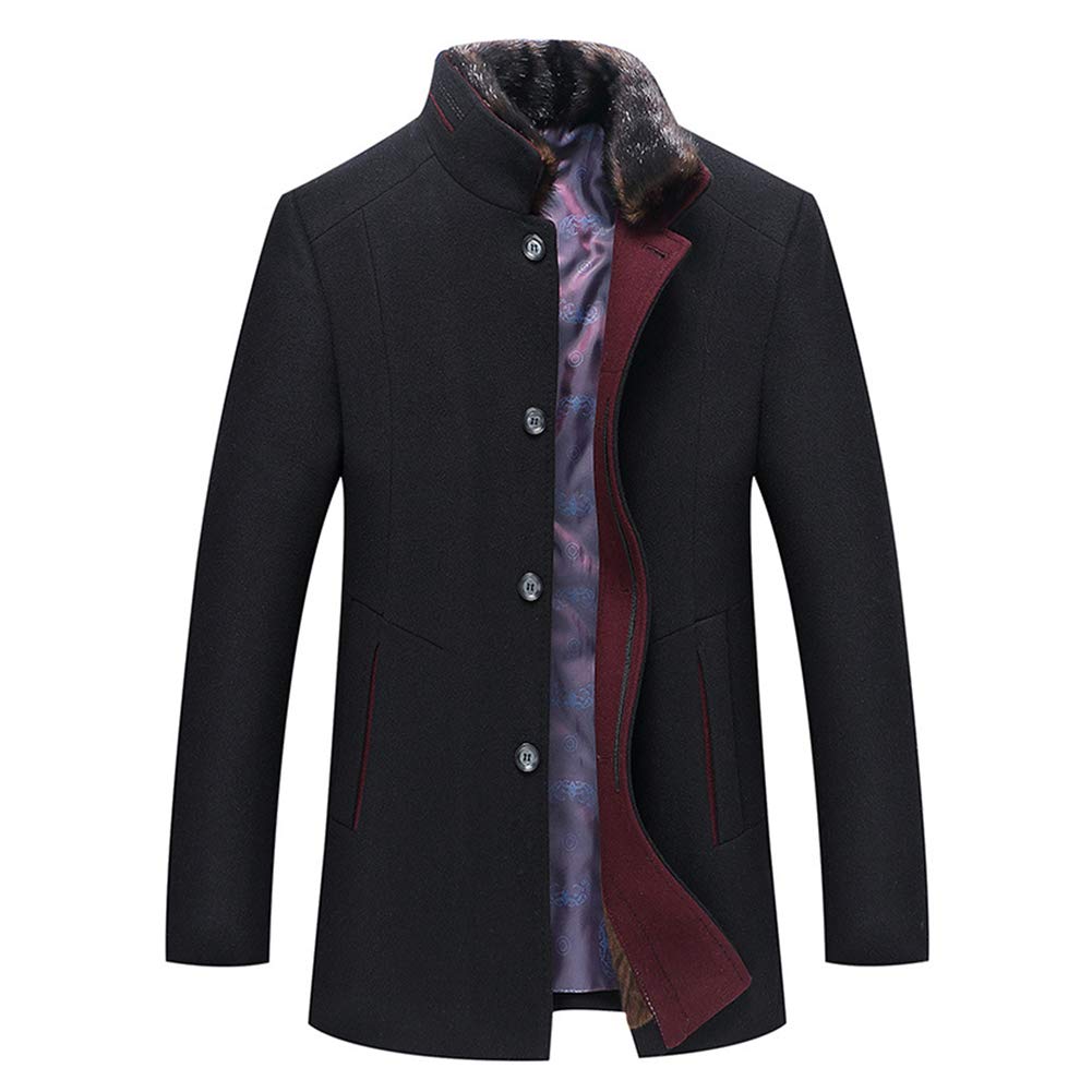 YFFUSHI Mens Wool Blend Coat Thick Warm Winter Casual Overcoat with Removable Fur Collar Black