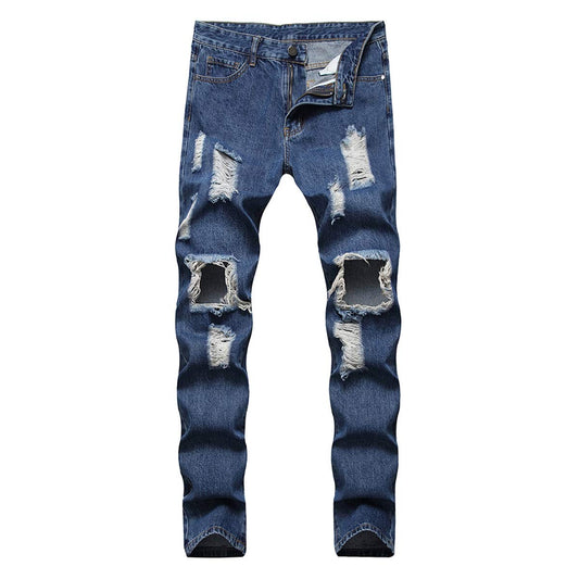 YFFUSHI Men's Ripped Distressed Destroyed Slim Fit Straight Leg Fold Denim Jeans Dark Blue