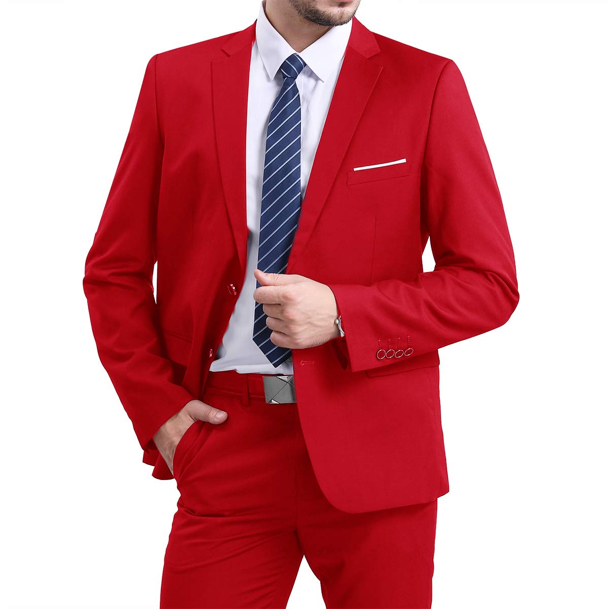 YFFUSHI Mens Slim Fit Blazer Two-Button Casual Suit Jacket Red