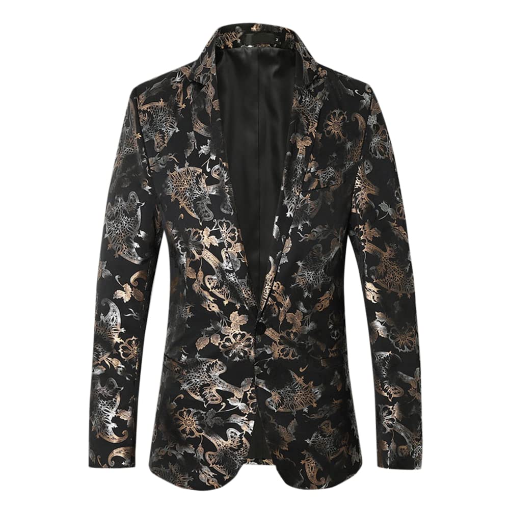 YFFUSHI Mens Dress Floral Suit Slim Fit Stylish Casual Printed Blazer Black