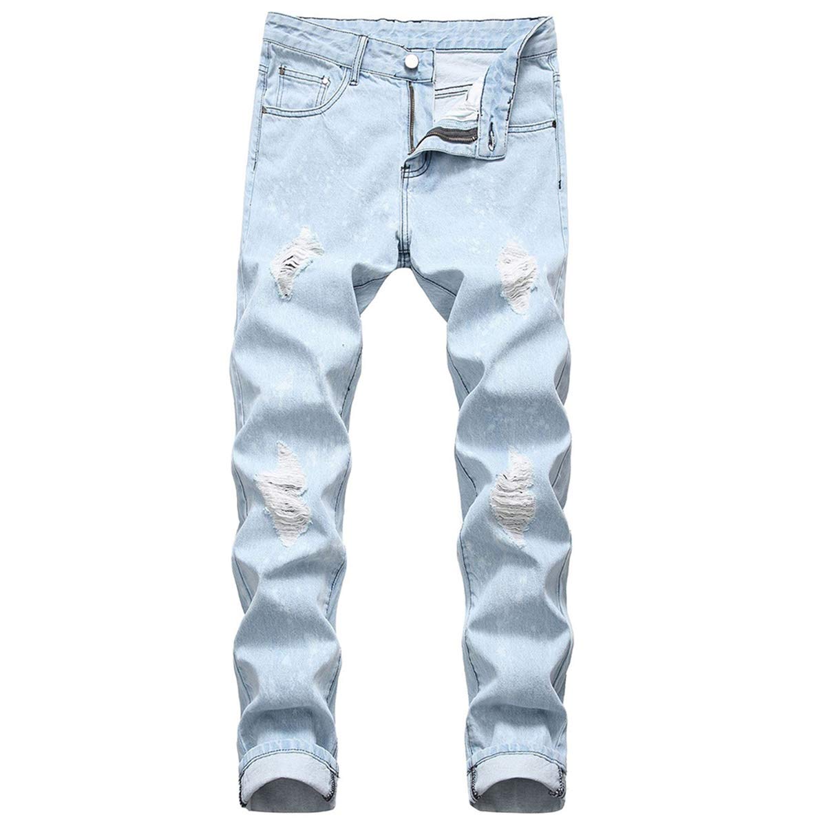 YFFUSHI Mens Ripped Distressed Stretch Jeans Pants Skinny Slim Fit Straight Leg Fashion Pants Light Blue