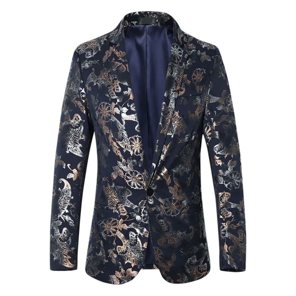 YFFUSHI Mens Dress Floral Suit Slim Fit Stylish Casual Printed Blazer Navy