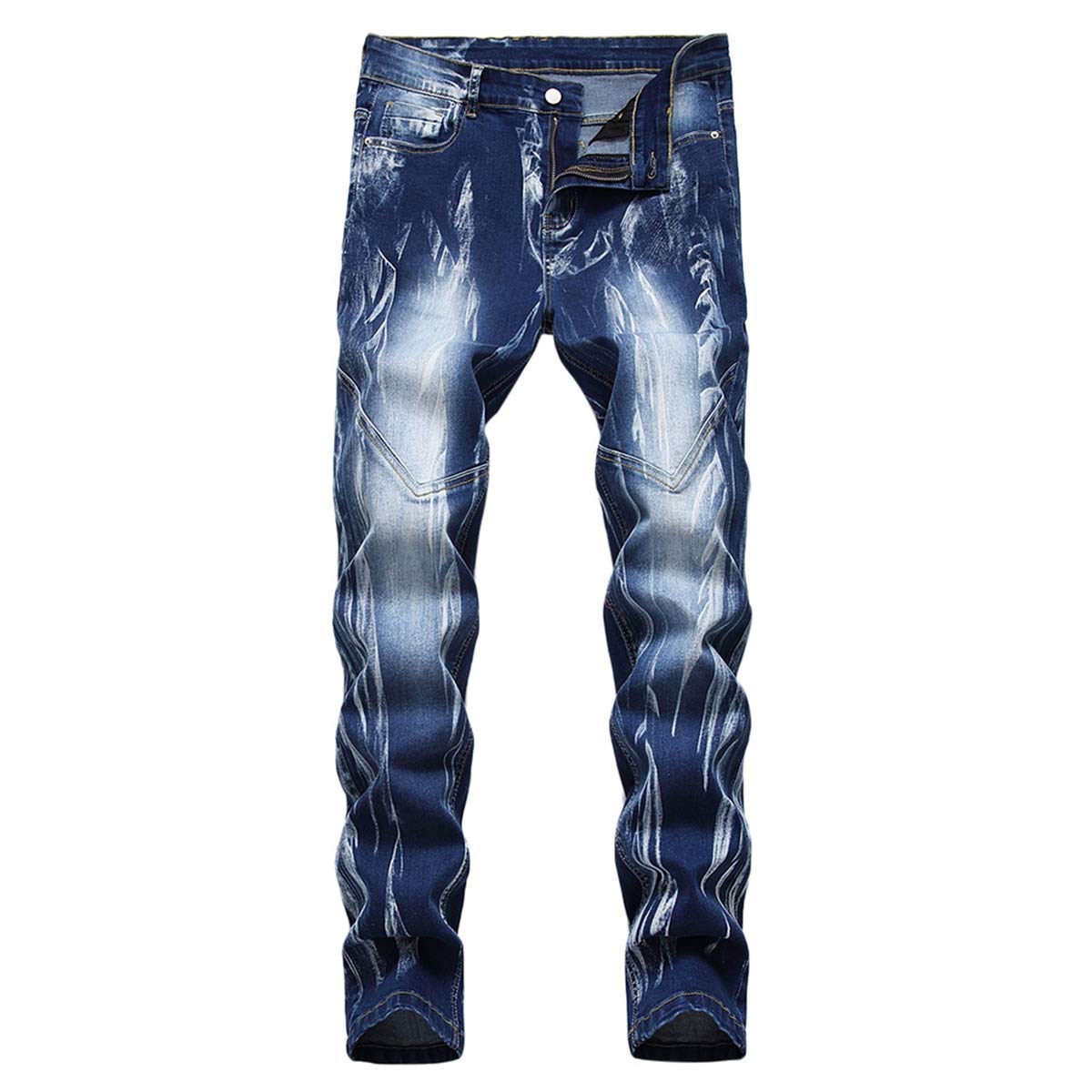 YFFUSHI Men's Distressed Ripped Jeans Long Straight Slim Fit Denim Jeans Casual Pants Trousers Blue 2