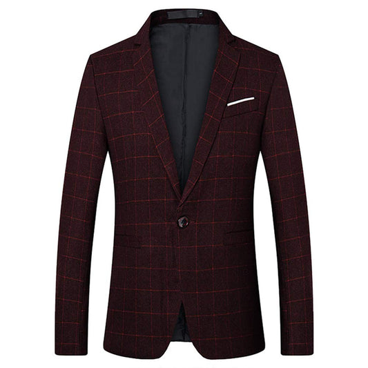 YFFUSHI Mens Slim Fit Sport Coat Casual Plaid Solid Color Center Vent Wine Red