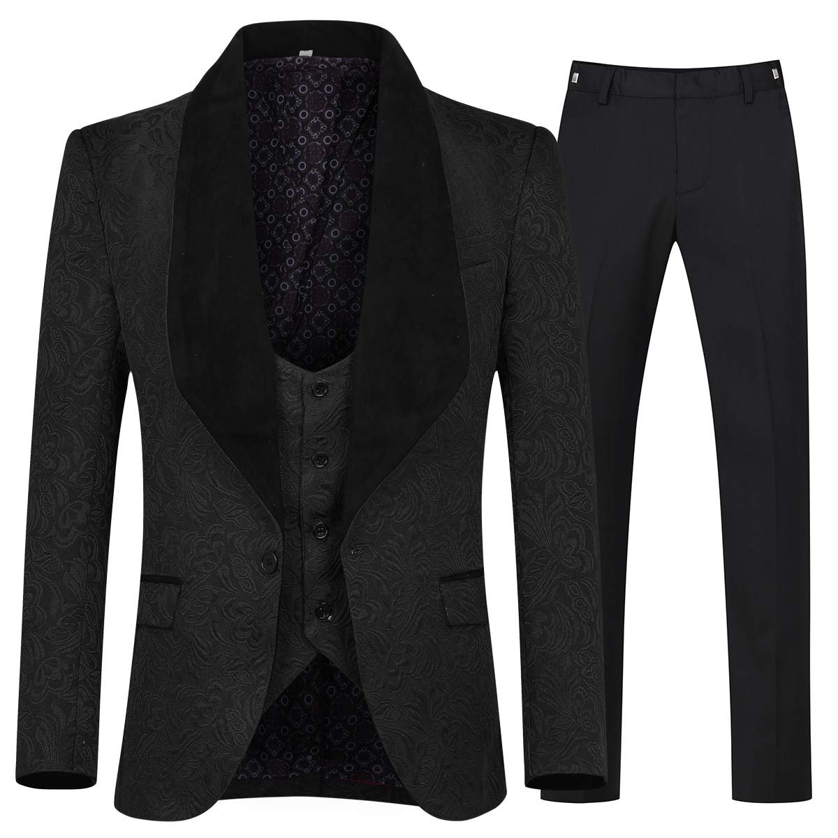 YFFUSHI Men's 3 Piece Suit Jacquard Tuxedo One Button Shawl Collar Black