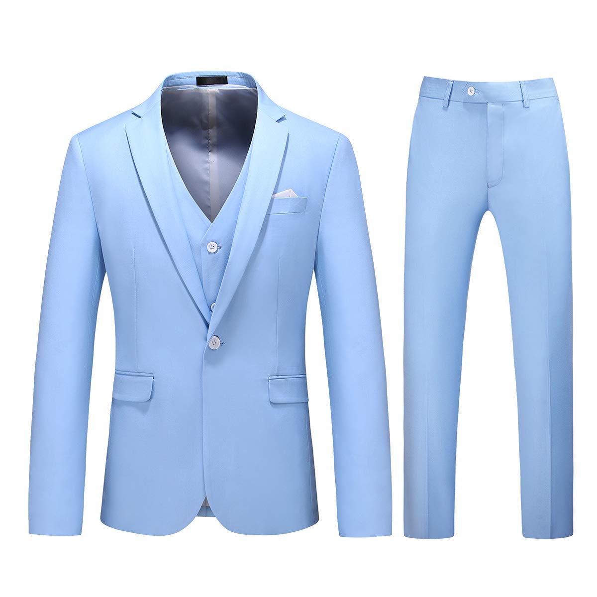 YFFUSHI Mens 3 Piece Dress Suit 1 Button Formal Casual Tux Vest Trousers Light Blue