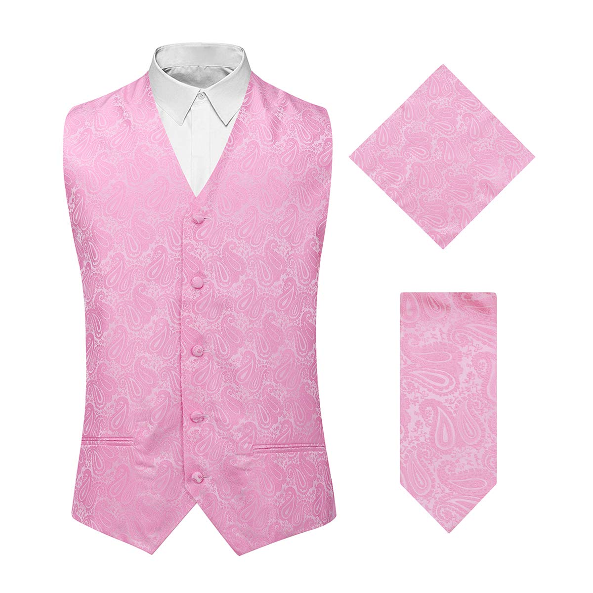 YFFUSHI Men's 3pc Vest Set Floral Waistcoat Necktie Pocket Square Pink