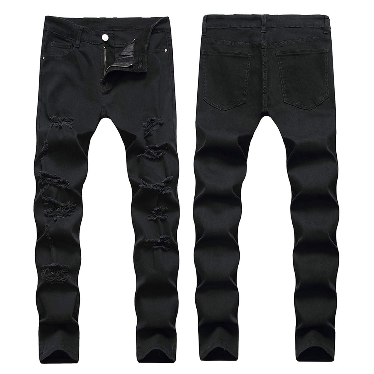 YFFUSHI Men's Ripped Distressed Destroyed Slim Fit Elastic Straight Leg Unique Fold Denim Jeans Black 2