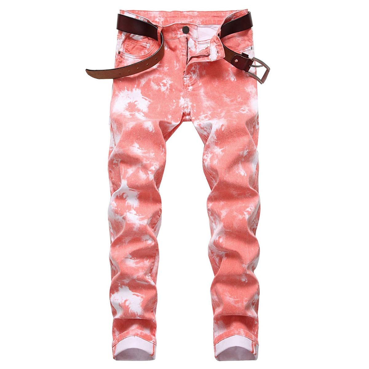 YFFUSHI Men's Clasic Straight Leg Ripped Distressed Stretch Jeans Pants Pink