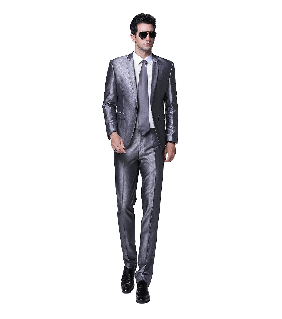 YFFUSHI Mens 2 Piece Suits One Button Formal Slim Fit Solid Color Wedding Tuxedo Sliver