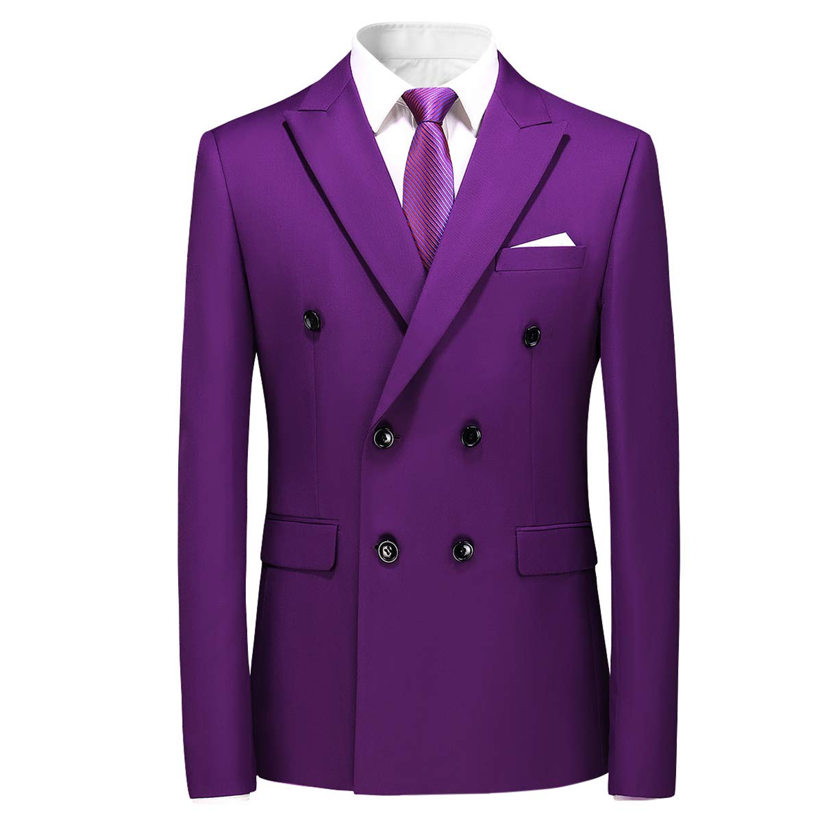 YFFUSHI Mens 2 Piece Dress Suits Double Breasted Solid Formal Casual Tuxedo Trousers Set Purple