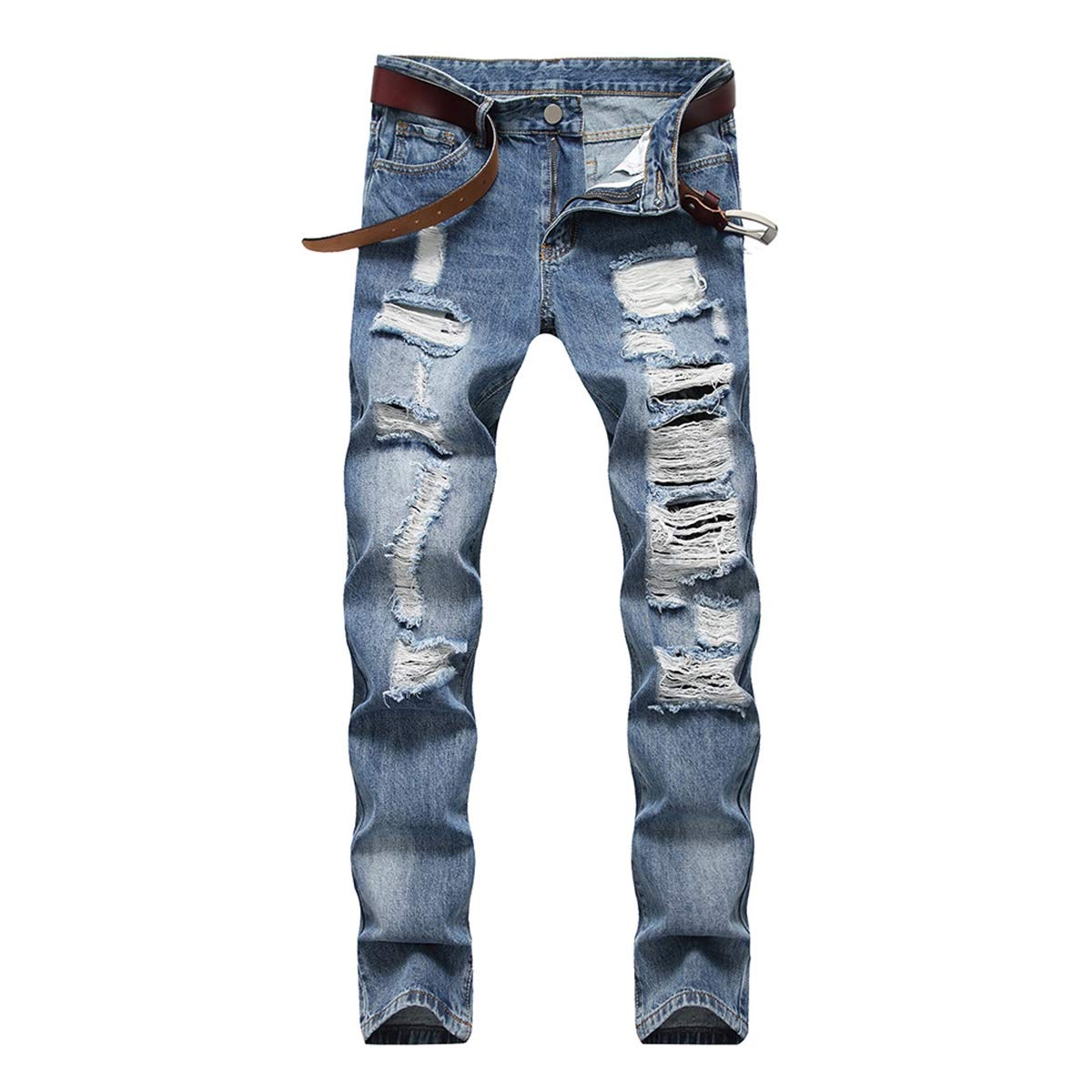 YFFUSHI Men's Ripped Distressed Destroyed Slim Fit Straight Leg Fold Denim Jeans Blue