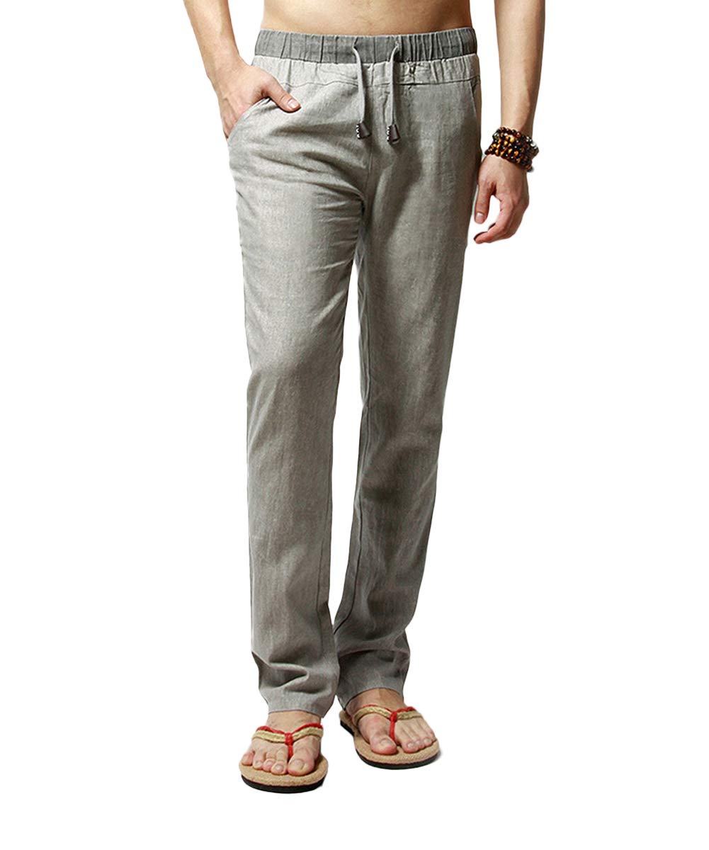 YFFUSHI Men's Drawstring Pants Linen Elastic Waist Trousers Straight Pants Light Gray