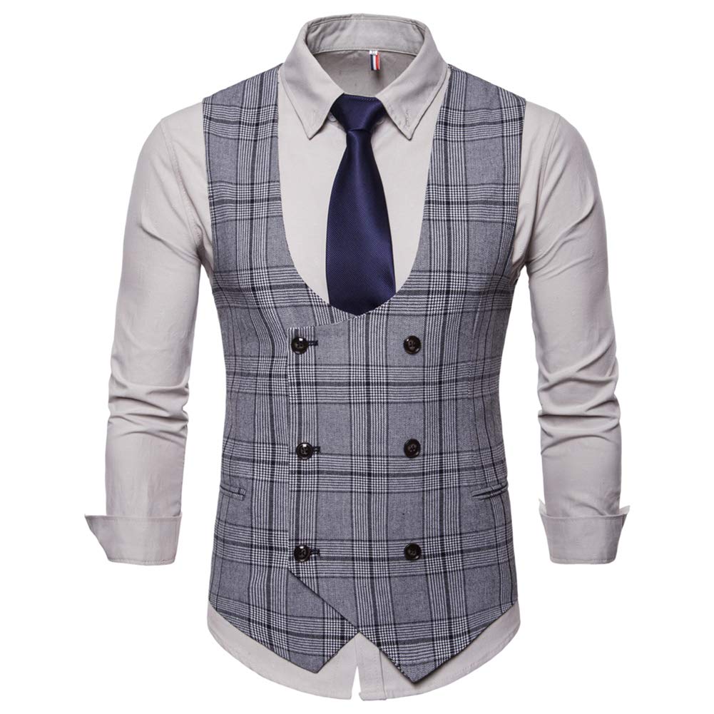 YFFUSHI Mens Slim Fit Formal Premium Button Down Vest Waistcoat Plaid Grey