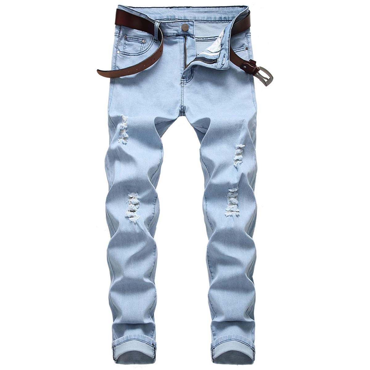 YFFUSHI Mens Ripped Distressed Stretch Jeans Pants Skinny Slim Fit Straight Leg Fashion Pants Blue 3