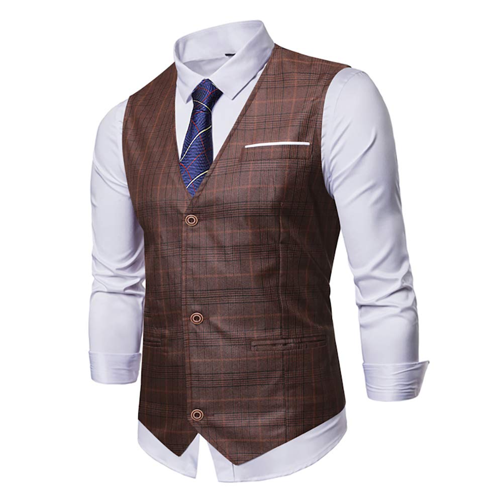 YFFUSHI Mens Vests V-Neck Plaid Slim Fit Single Breasted Waistcoat 3 Buttons Brown