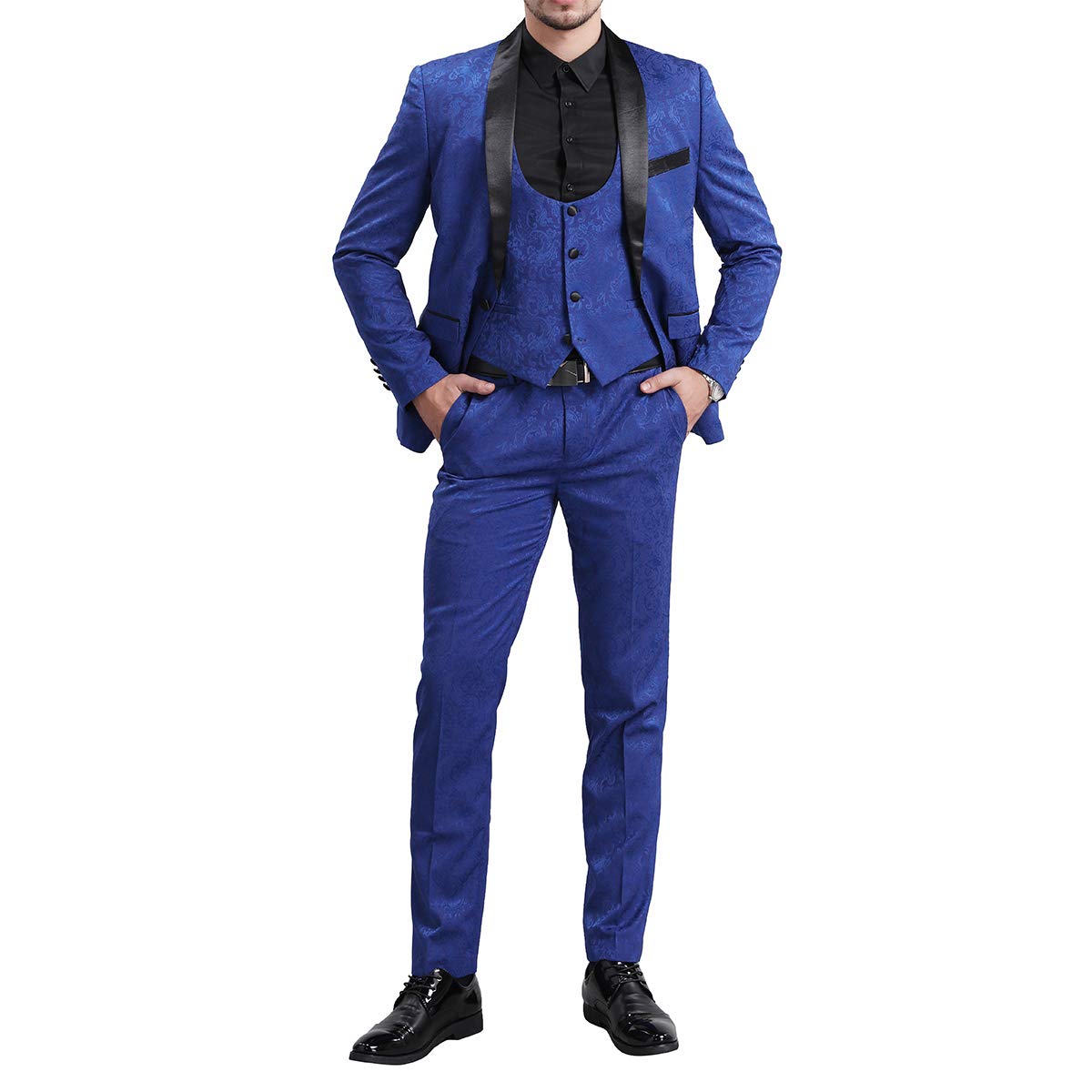 YFFUSHI Men's Elegant Jacquard 3 Piece Suit Slim Fit Royal Tuxedo Blue