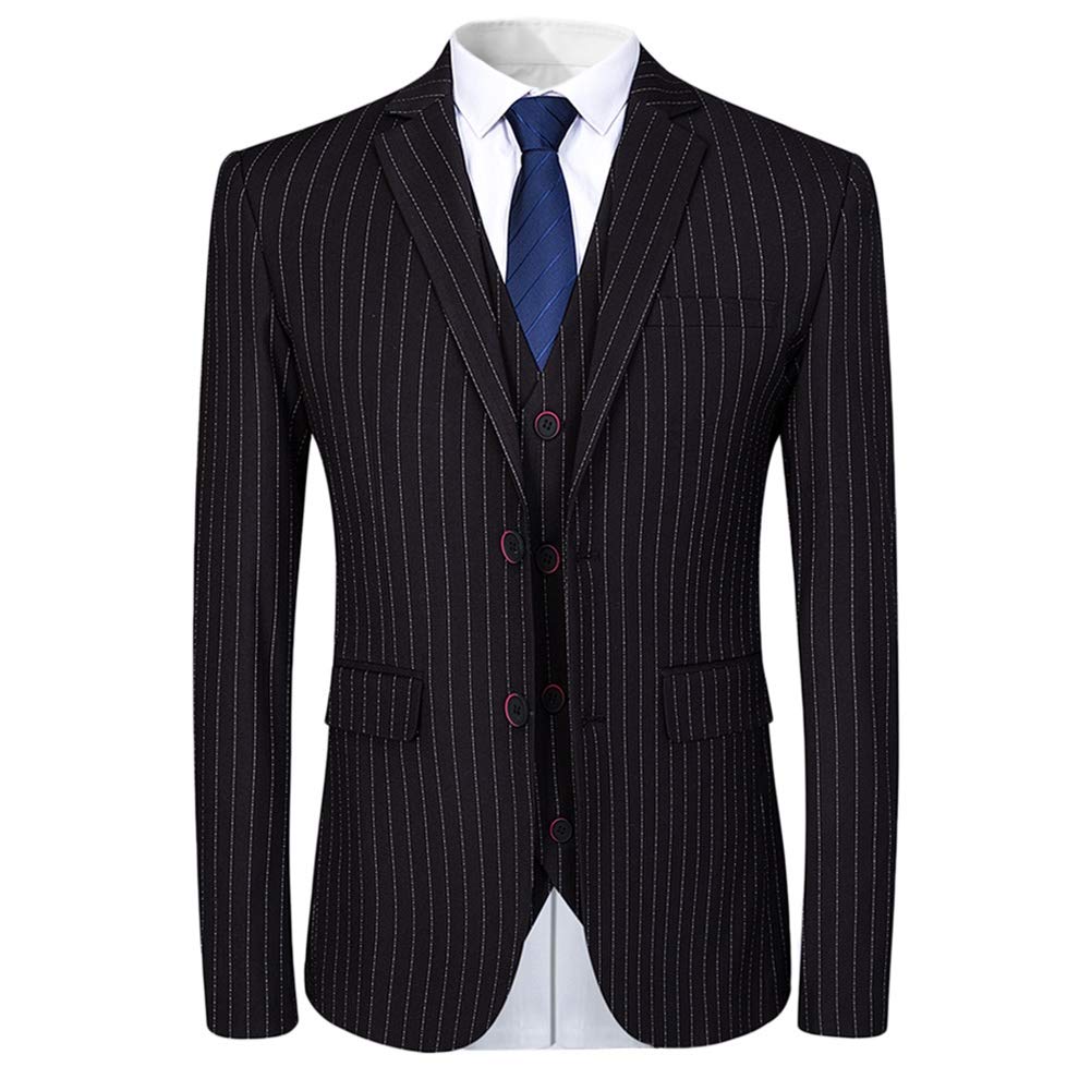 Mens Black Formal Pinstripe Slim Fit Notched Lapel 3 Piece Suit