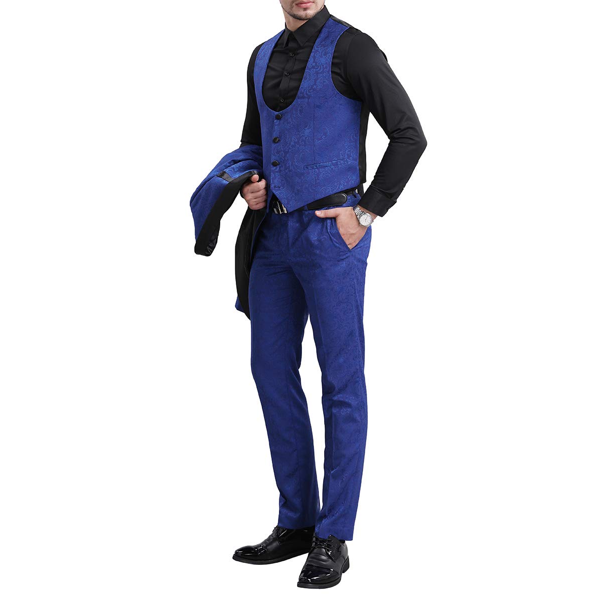 YFFUSHI Men's Elegant Jacquard 3 Piece Suit Slim Fit Royal Tuxedo Blue