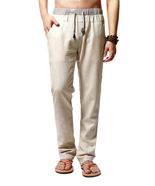 YFFUSHI Men's Drawstring Pants Linen Elastic Waist Trousers Straight Pants Beige