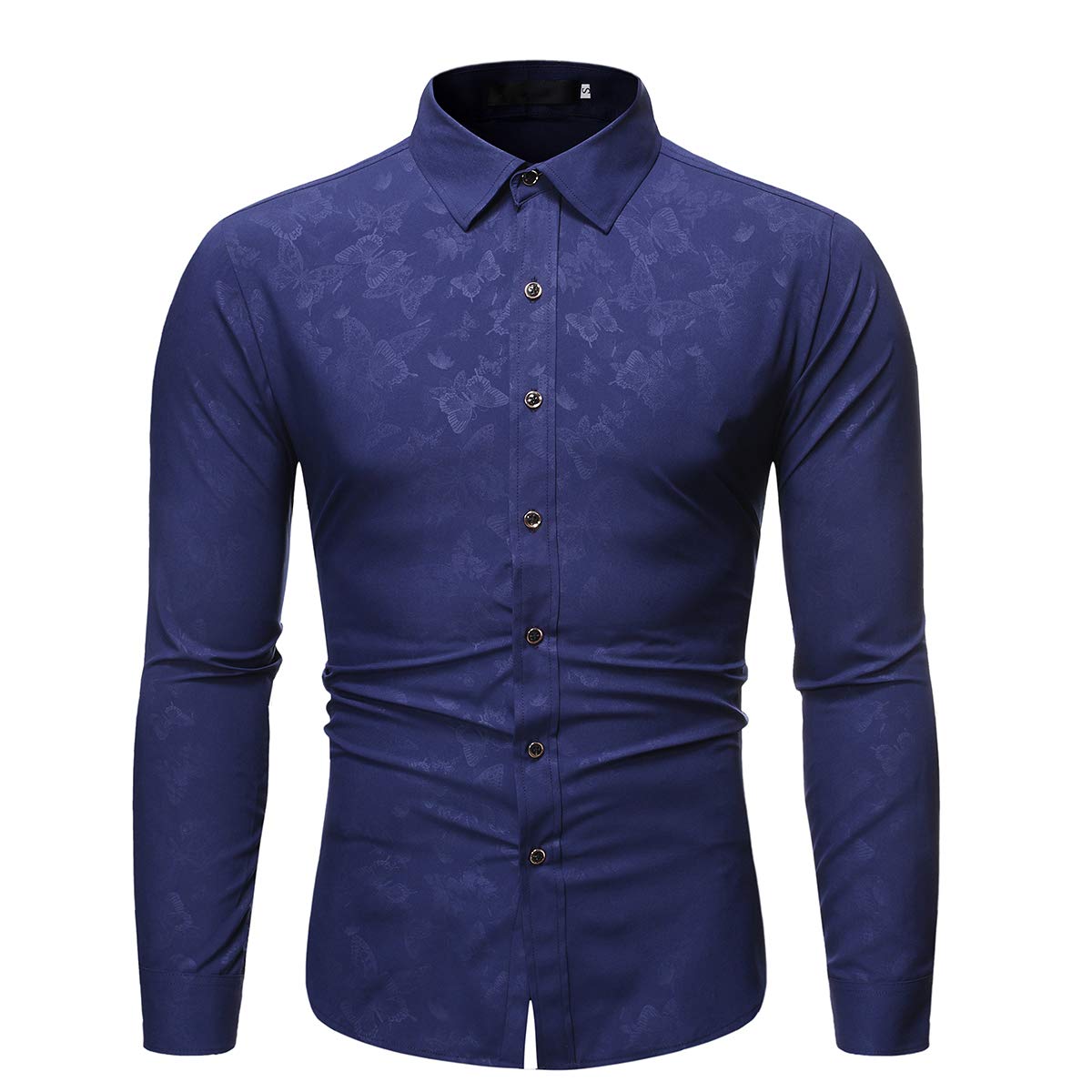 YFFUSHI Mens Casual Floral Butterfly Pattern Slim Fit Long Sleeve Button Down Shirt Navy