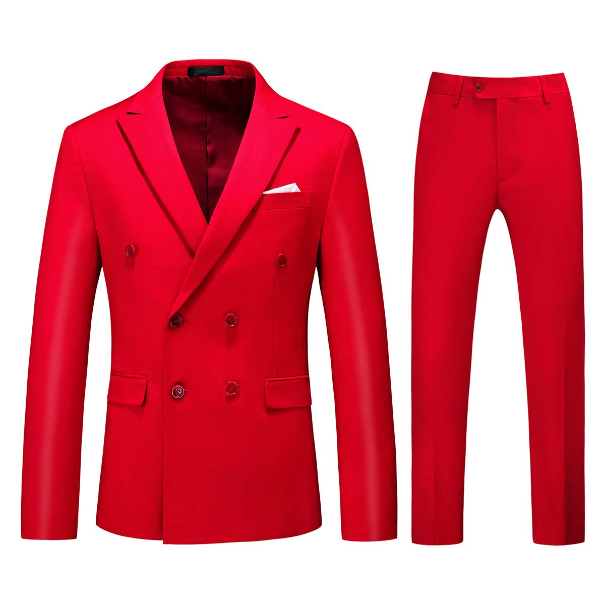 YFFUSHI Mens 2 Piece Dress Suits Double Breasted Solid Formal Casual Tuxedo Trousers Set Red