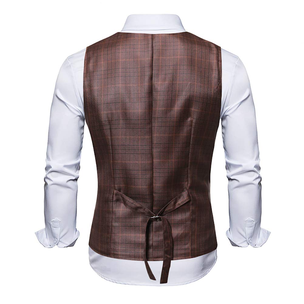 YFFUSHI Mens V-Neck Plaid Slim Fit Formal Single Breasted Vest Waistcoat 5 Buttons Brown