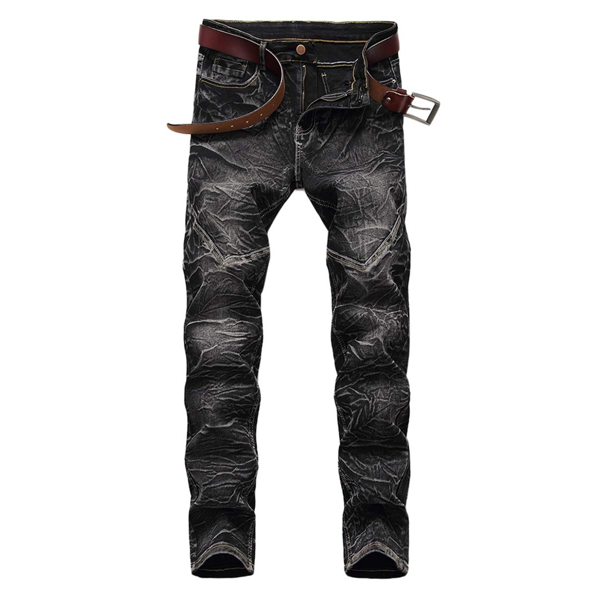 YFFUSHI Men's Distressed Ripped Jeans Long Straight Slim Fit Denim Jeans Casual Pants Trousers Black