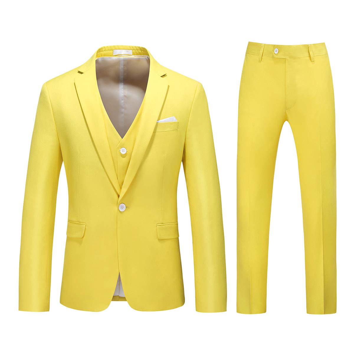 YFFUSHI Mens 3 Piece Dress Suit 1 Button Formal Casual Tux Vest Trousers Yellow