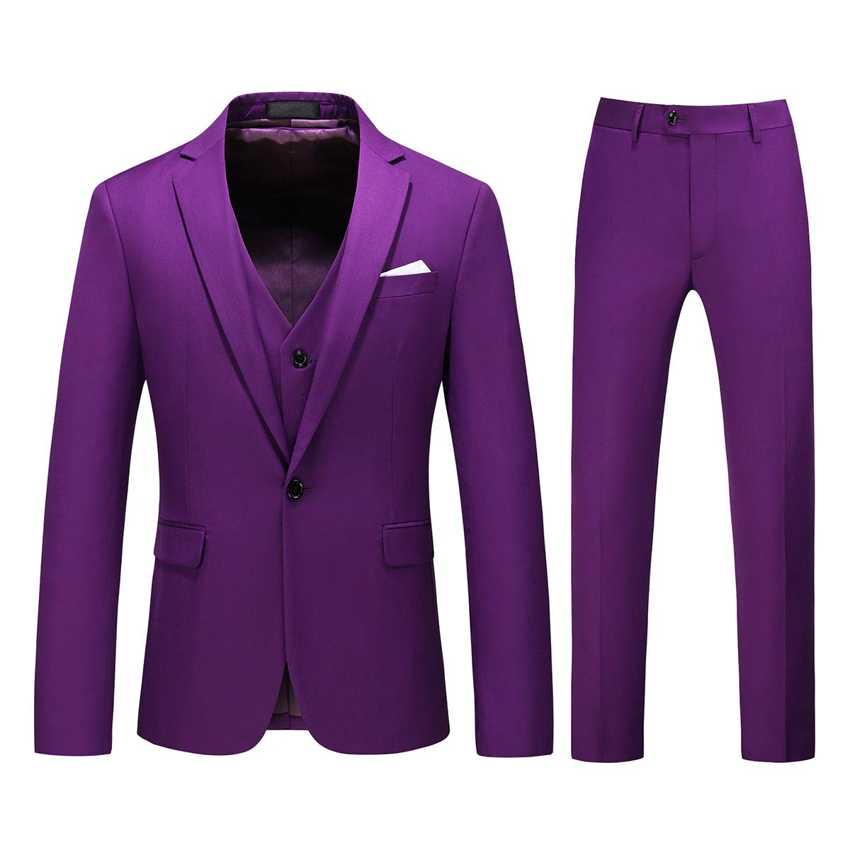 YFFUSHI Mens 3 Piece Dress Suit 1 Button Formal Casual Tux Vest Trousers Purple