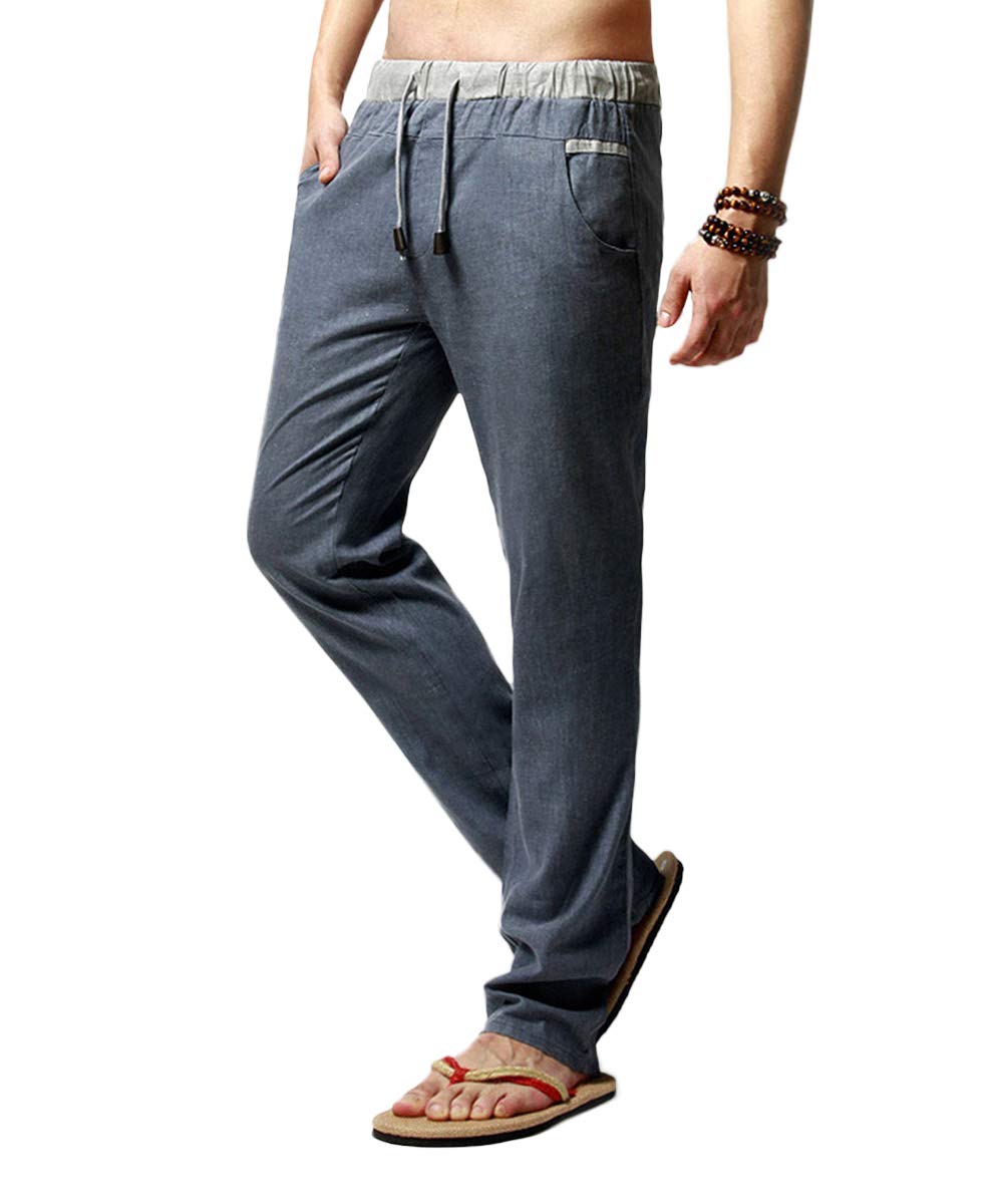 YFFUSHI Men's Drawstring Pants Linen Elastic Waist Trousers Straight Pants Gray Blue