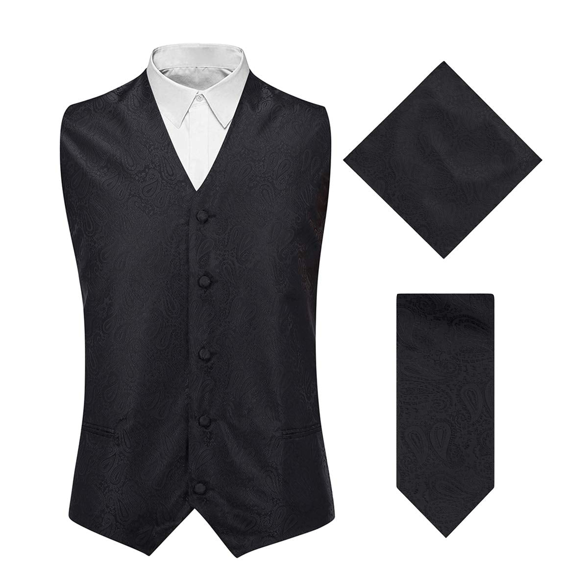 YFFUSHI Men's 3pc Vest Set Floral Waistcoat Necktie Pocket Square Black