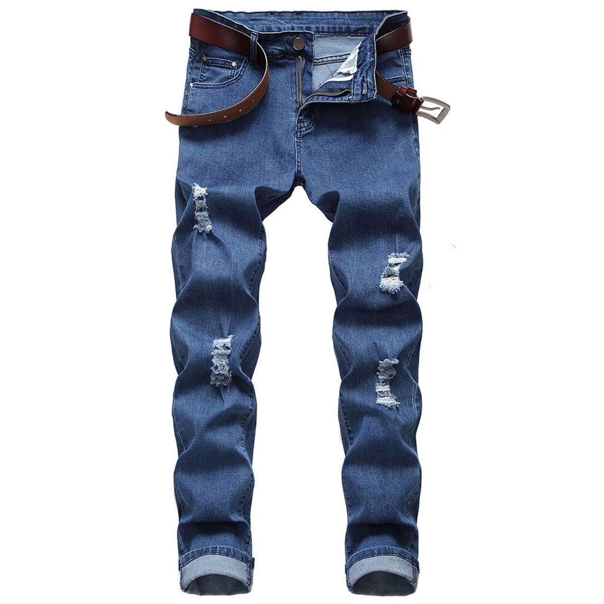 YFFUSHI Mens Ripped Distressed Stretch Jeans Pants Skinny Slim Fit Straight Leg Fashion Pants Blue 2