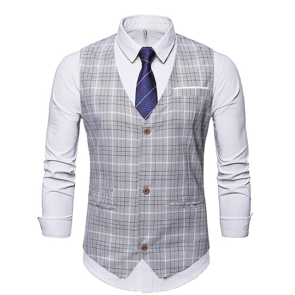 YFFUSHI Mens V-Neck Plaid Slim Fit Formal Single Breasted Vest Waistcoat 3 Buttons Gray