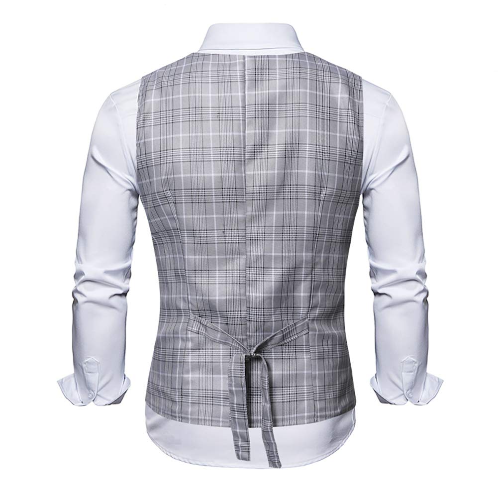 YFFUSHI Mens V-Neck Plaid Slim Fit Formal Single Breasted Vest Waistcoat 5 Buttons Gray