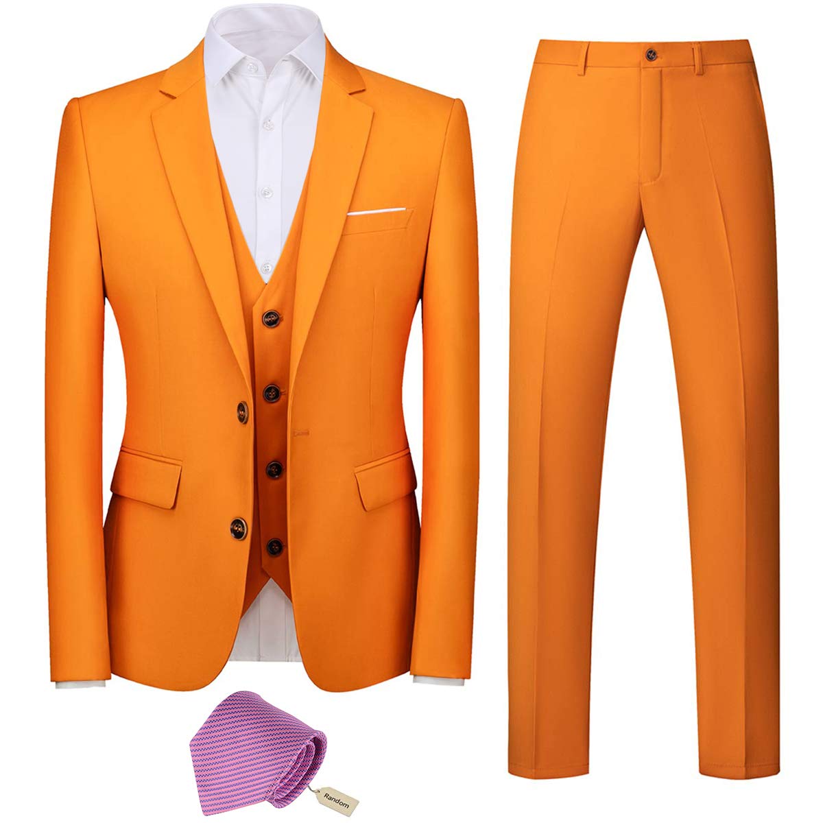 YFFUSHI Mens 3 Piece Suits Slim Fit 2 Buttons Business Wedding Formal Orange