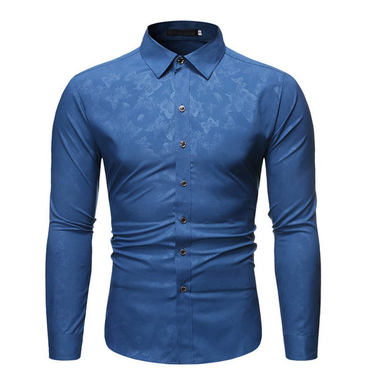 YFFUSHI Mens Casual Floral Butterfly Pattern Slim Fit Long Sleeve Button Down Shirt Blue