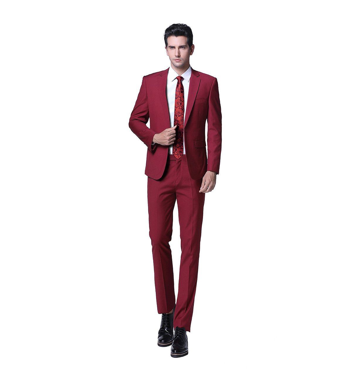 YFFUSHI Mens 2 Piece Suits One Button Formal Slim Fit Solid Color Wedding Tuxedo Wine Red