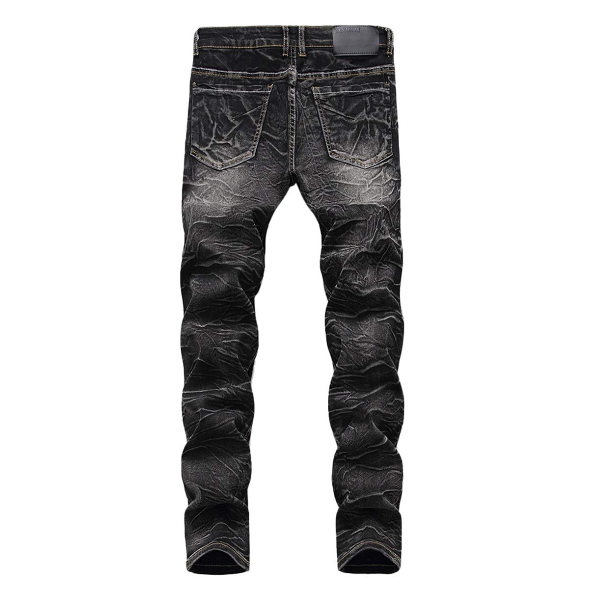 YFFUSHI Men's Distressed Ripped Jeans Long Straight Slim Fit Denim Jeans Casual Pants Trousers Black