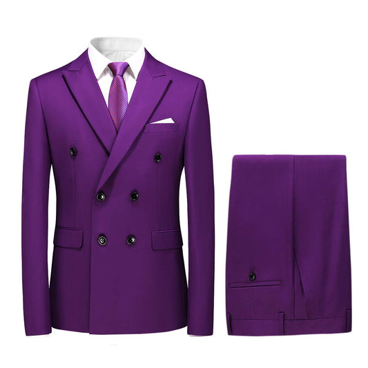 YFFUSHI Mens 2 Piece Dress Suits Double Breasted Solid Formal Casual Tuxedo Trousers Set Purple