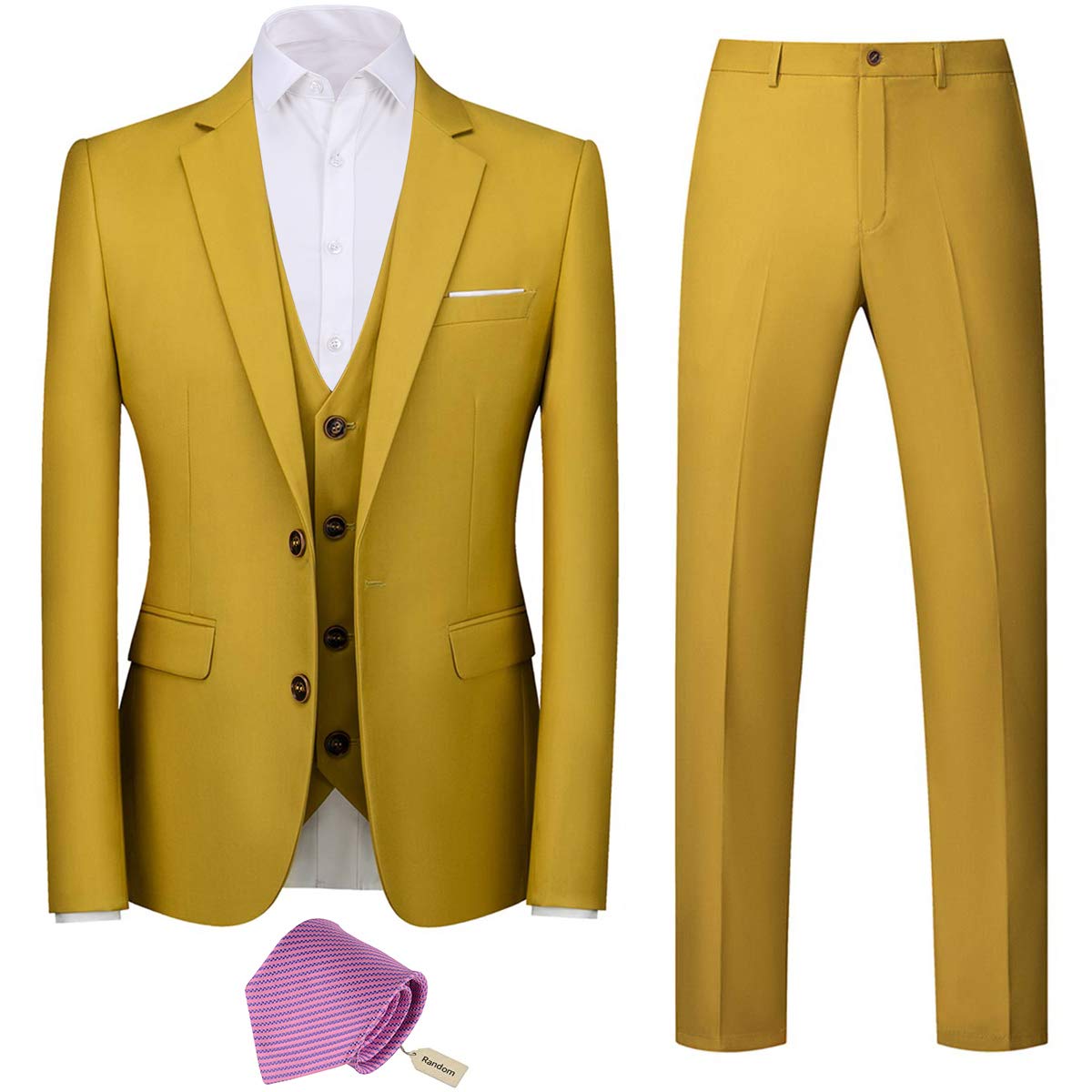 YFFUSHI Mens 3 Piece Suits Slim Fit 2 Buttons Business Wedding Formal Yellow