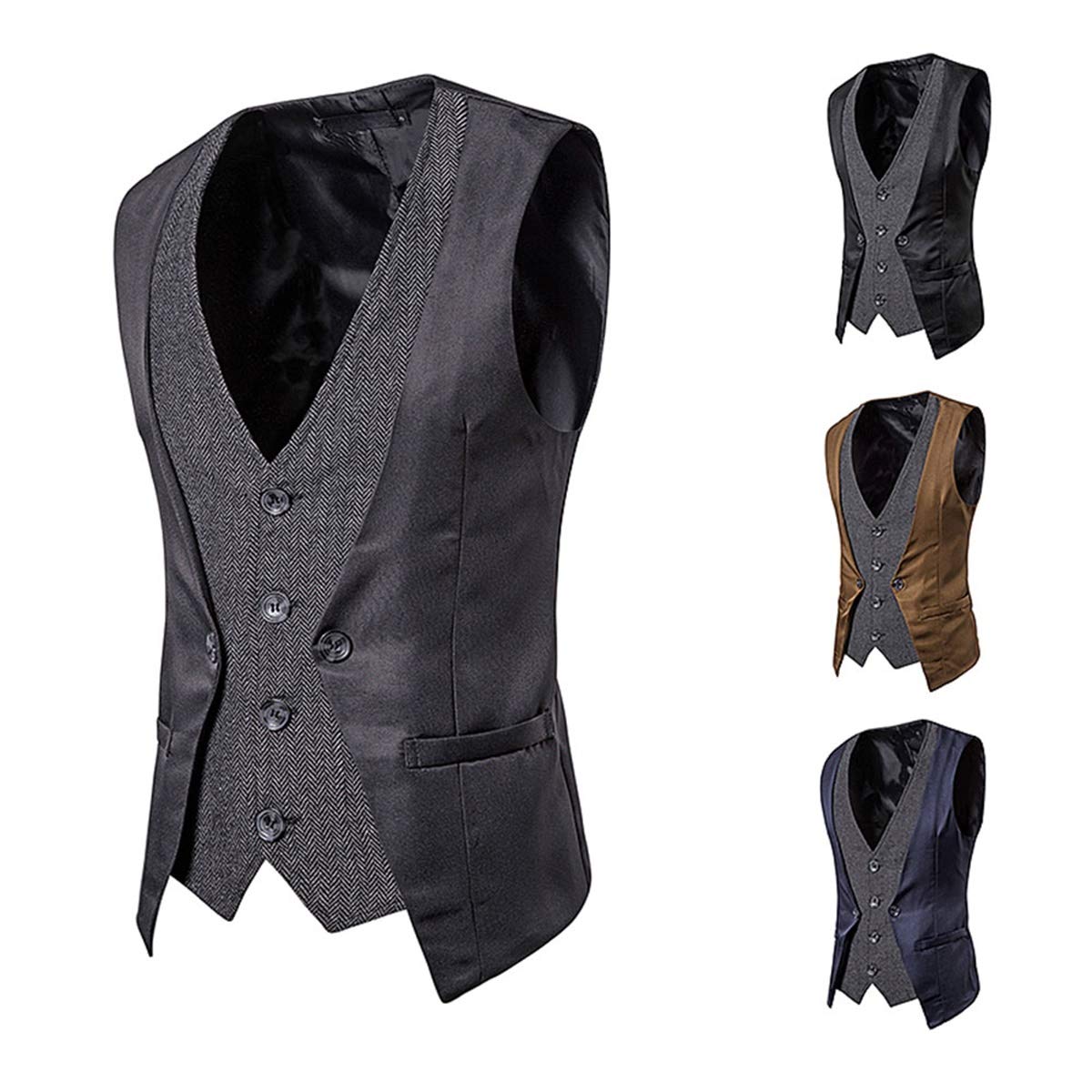 YFFUSHI Men's Layered Herringbone Suit Vest Waistcoat Dark Grey