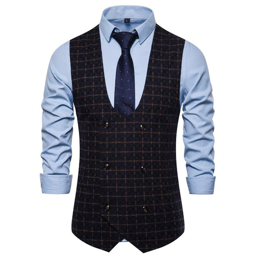 YFFUSHI Mens U Neck Vest Slim Fit Double Breasted Vest Waistcoat Navy&yellow