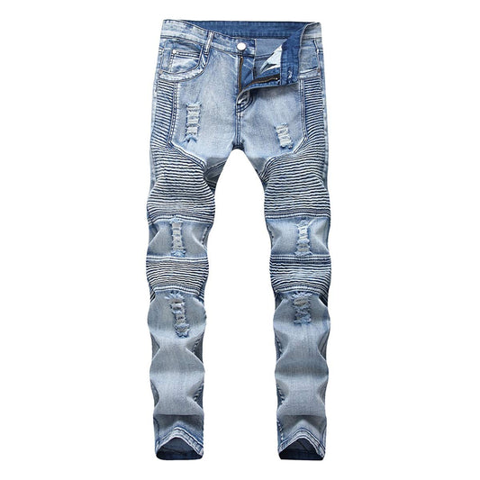 YFFUSHI Men's Distressed Ripped Jeans Long Straight Slim Fit Denim Jeans Casual Pants Trousers Blue