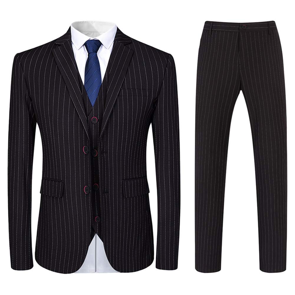 Mens Black Formal Pinstripe Slim Fit Notched Lapel 3 Piece Suit