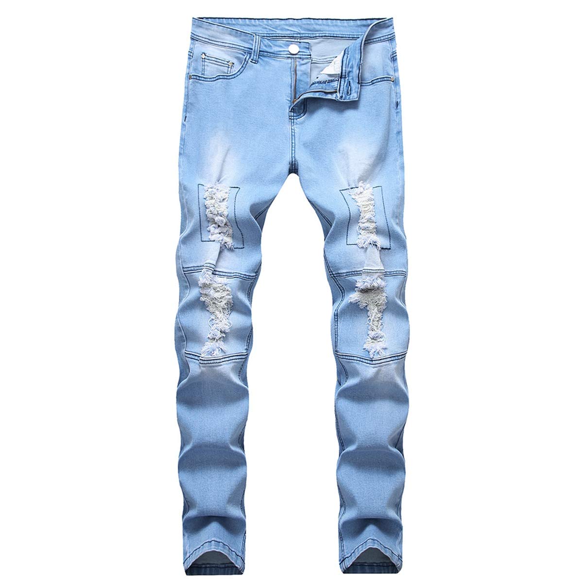 YFFUSHI Men's Ripped Distressed Destroyed Slim Fit Straight Leg Fold Denim Jeans Light Blue