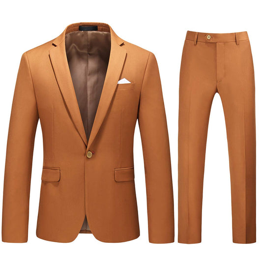 YFFUSHI Mens 2 Piece Suits 1 Button Slim Fit Notched Lapel Solid Formal Jacket Pants Set Caramel