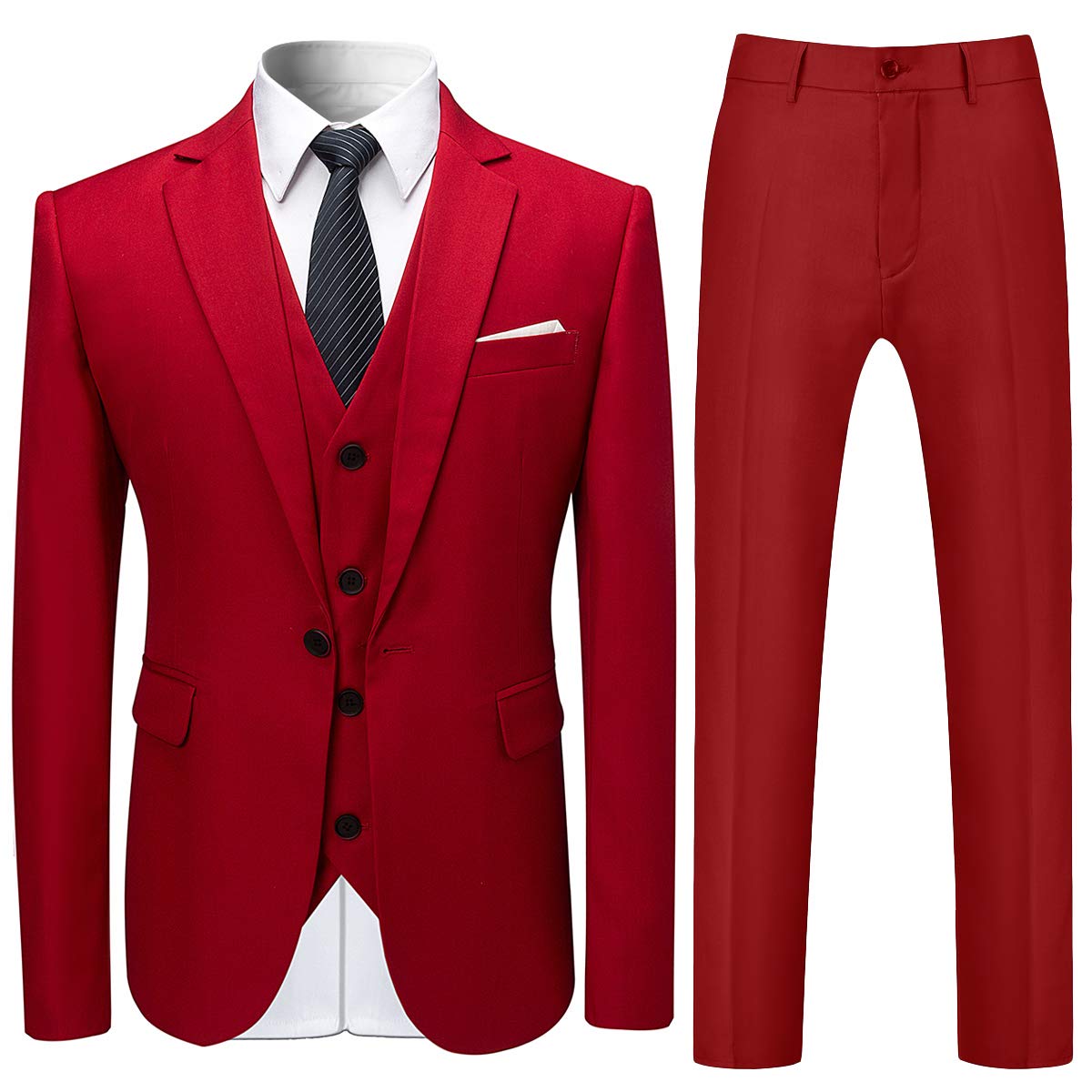 YFFUSHI Mens Slim Fit Classic Fit One Button 3-Piece Suits Red